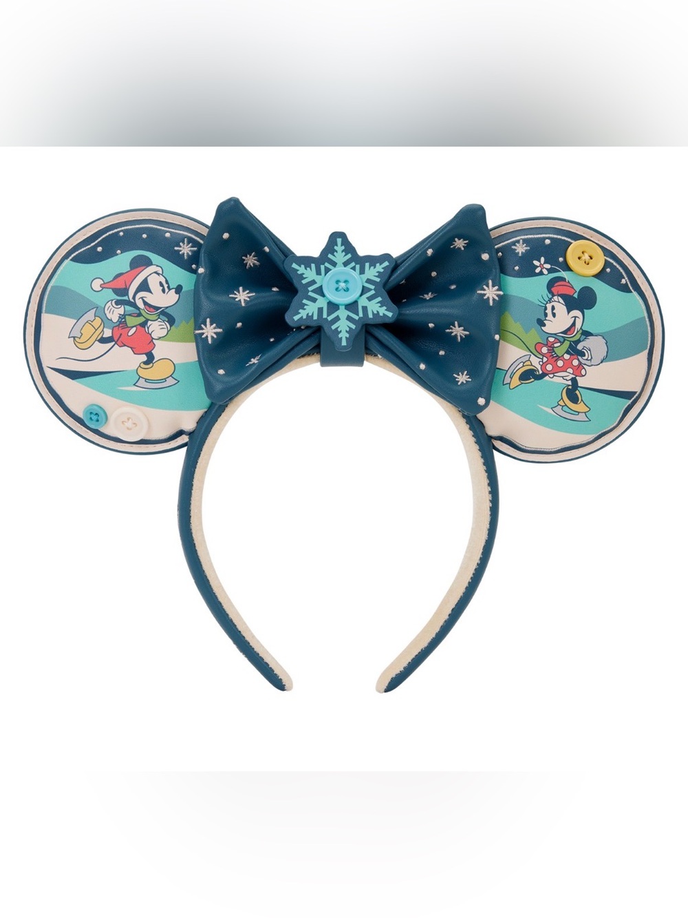 Loungefly Disney Mickey Minnie Holiday Ears Headband Removable Bow Ice Skating